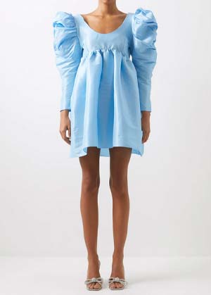 Blue silk dress with puffed sleeves
