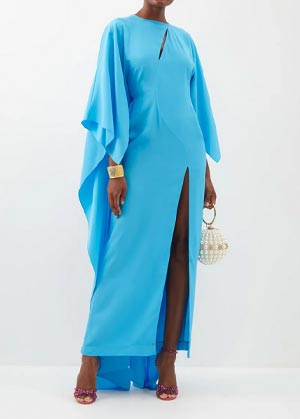 bright blue caftan dress with site split