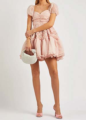 wedding outfit guest idea pink puff sleeve dress