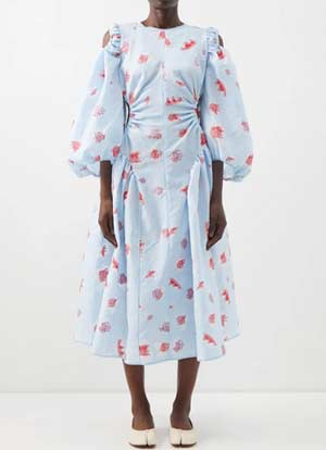 wedding guest outfit idea - baby blue puff sleeve dress with floral pattern