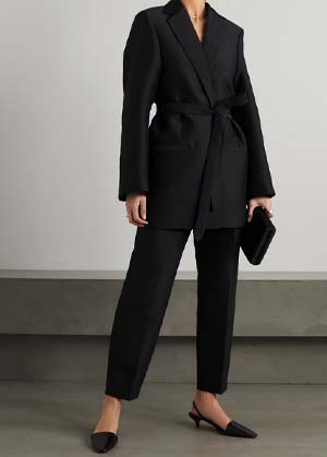 toteme black oversized suit styled with black kitten heels