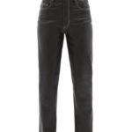 ganni slim leg black faux-leather trousers with white contrasting seam