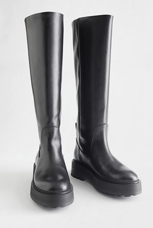 knee-high leather black chunky sole boots