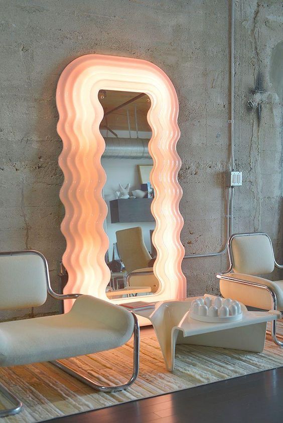 modern interior mood board wavy lighted mirror in the concrete room