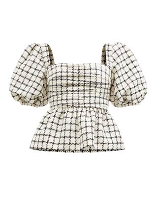 puff sleeves hourglass shape checked black and white blouse with square neckline