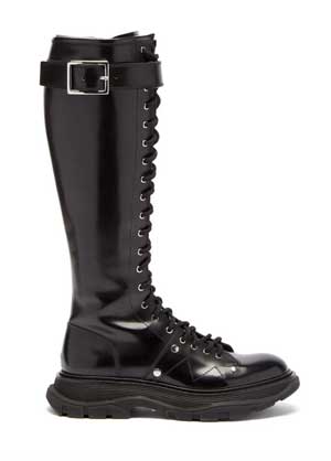 Winter 2022 Boot Trends McQueen Knee-High Lace-Up Chunky Sole Leather Boots