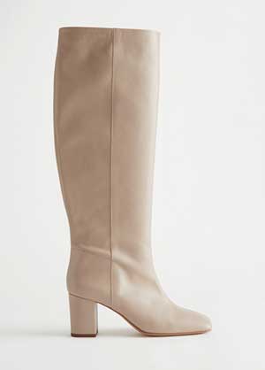Squared Knee High Leather Boots in Cream