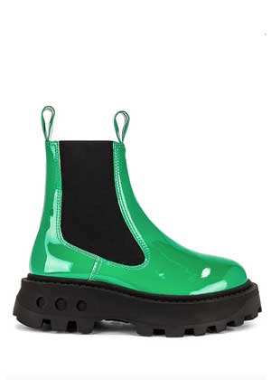 Patent leather boots with green upper with lug rubber sole