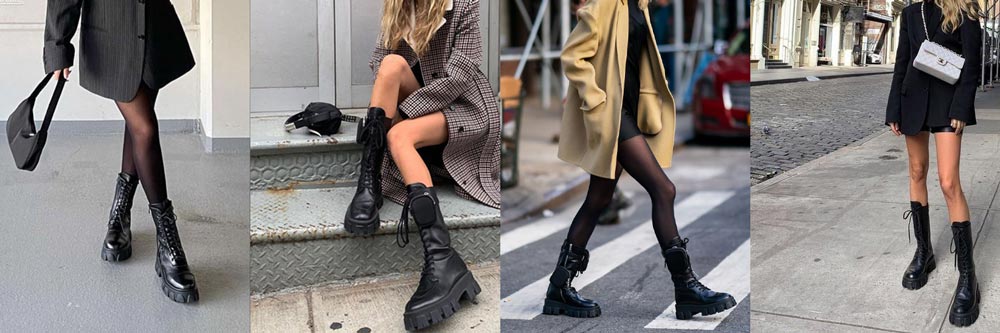 a collage of 4 horizontal winter combat boot streetstyle outfits