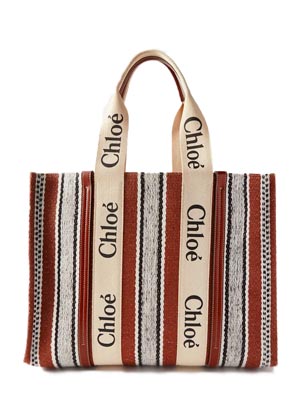 chloe red, grey and black stripped canvas tote bag with logo on cream strip