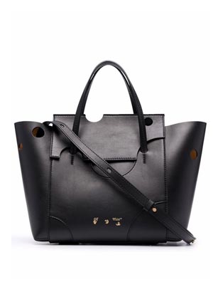 black leather oversized tote with statement circural wholes