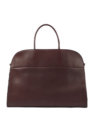 fine grinded leather bag with top handles in neutral deep brown shade