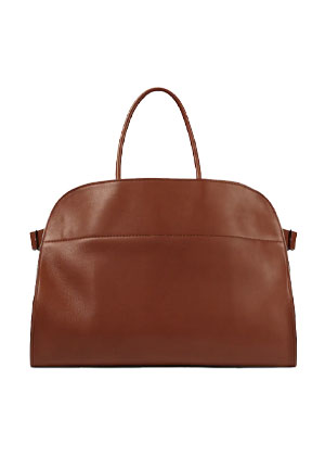 fine grinded leather bag with top handles in warm medium brown shade