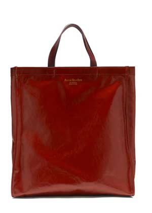 red leather rectangural tote bag with gloss finish