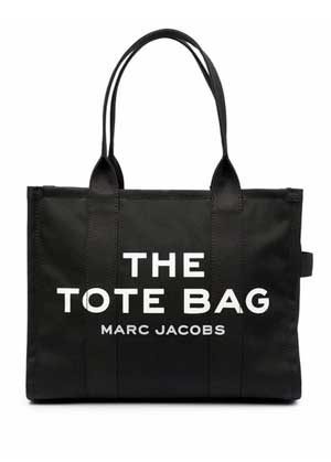 Marc Jacobs black fabric tote with the 'The Tote Bag' white print on it
