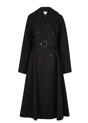 long black wool coat with triangle belt buckle