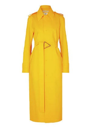 coat trends 2022 colourful coat in bright yellow shade with triangle buckle belt