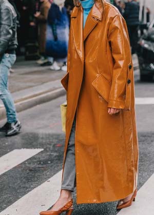 winter 2022 coat trends glossy caramel coat