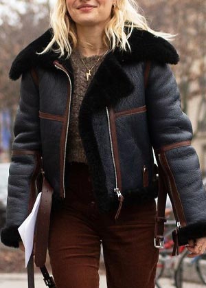 coat trends for 2022 - close-up ow dark brown shearling jacket