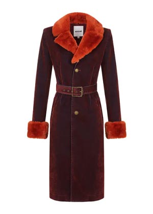 Coat trends for 2022 orange velvet coat with red faux fur collar and cuffings
