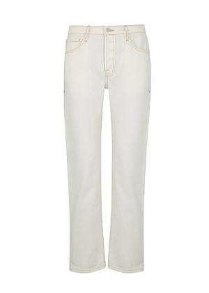 frame low rise white jeans with straight leg and contrast yellow stitching
