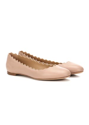 Cream leather ballet shoes with scalloped edging