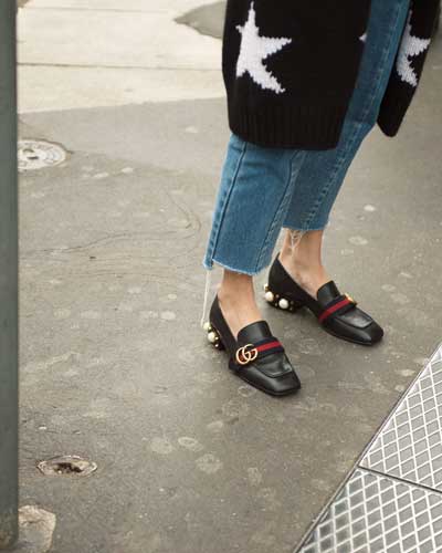 gucci square toed loafers styled with cropped jeans