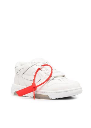 Off-Whote White dad Sneakers with Red plastic tag attached to laces