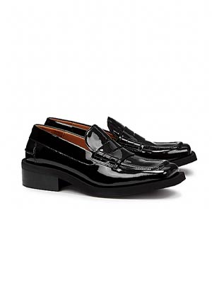 black glossy square-toed loafers