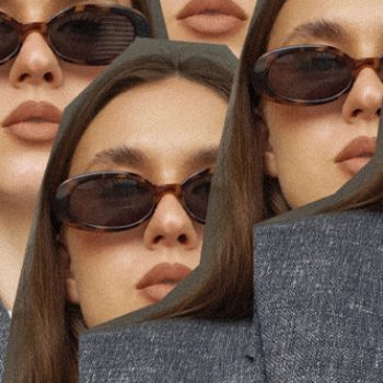 woman wearing tiny brown sunglasses edited so she appears on the same picture four times